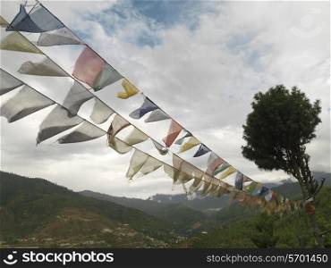Low angle view of prayer flags, Kuensel Phodrang, Thimphu District, Bhutan