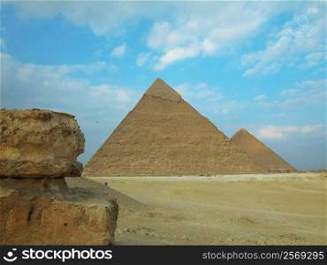 Low angle view of pyramids, Giza Pyramids, Giza, Cairo, Egypt