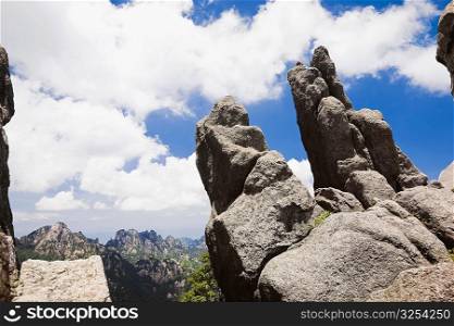 Low angle view of rock formations, Huangshan, Anhui province, China