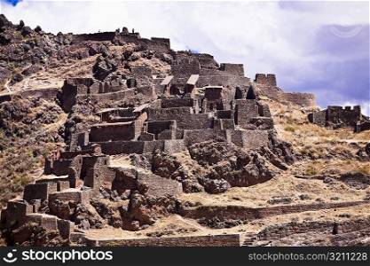 Low angle view of ruins on a mountain, Pisaq, Urubamba Valley, Peru
