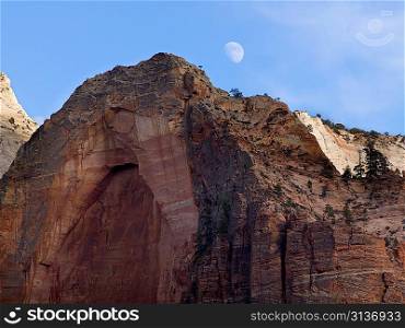 Low angle view of sandstone cliffs, Zion National Park, Utah, USA