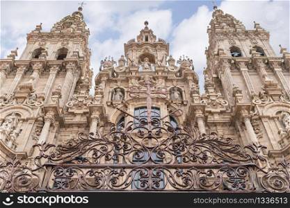 Low angle view of Santiago de Compostela Cathedral and its artistic metal grille