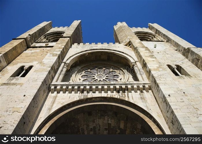 Low angle view of Se Cathedral in Lisbon, Portugal.