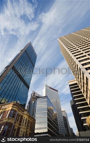 Low angle view of skyscrapers and buildings in downtown Sydney, Australia.