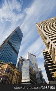 Low angle view of skyscrapers and buildings in downtown Sydney, Australia.
