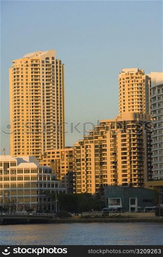 Low angle view of skyscrapers at the waterfront, Miami, Florida, USA
