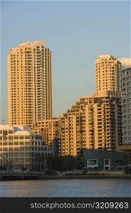 Low angle view of skyscrapers at the waterfront, Miami, Florida, USA