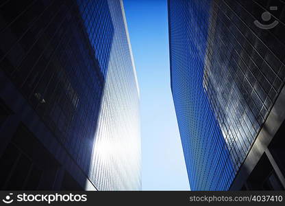 Low angle view of skyscrapers, Brooklyn, New York, USA