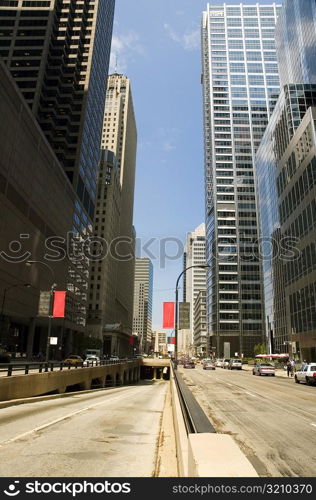 Low angle view of skyscrapers in a city, Chicago, Illinois, USA