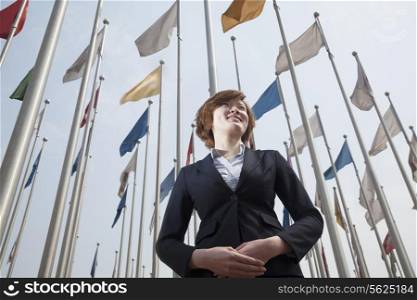 Low Angle View of smiling young businesswoman with flags