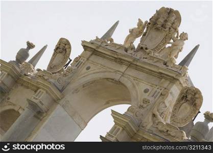 Low angle view of statues on a fountain, La Fontana dell&acute;Immacolatella, Naples, Naples Province, Campania, Italy