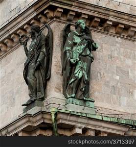 Low angle view of statues on the wall Saint Isaac&acute;s Cathedral, St. Petersburg, Russia
