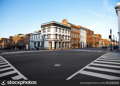 Low angle view of the intersection of Wisconsin and M street, Georgetown, Washington DC, USA