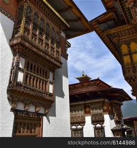 Low angle view of the Punakha Dzong, Punakha, Punakha Valley, Punakha District, Bhutan