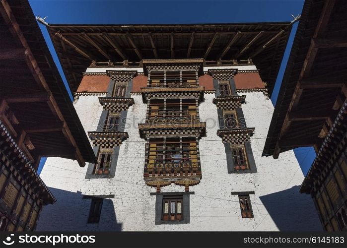 Low angle view of the Rinpung Dzong, Paro District, Bhutan