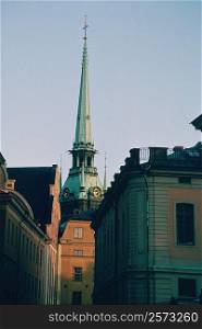 Low angle view of the spire of a church, Stockholm, Sweden