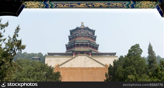 Low angle view of the Tower of Buddhist Incense, Longevity Hill, Summer Palace, Haidian District, Beijing, China