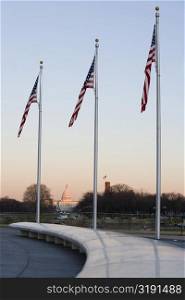 Low angle view of three American flags, Washington DC, USA