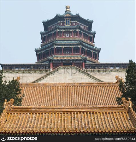 Low angle view of Tower of Buddhist Incense at Longevity Hill, Summer Palace, Haidian District, Beijing, China