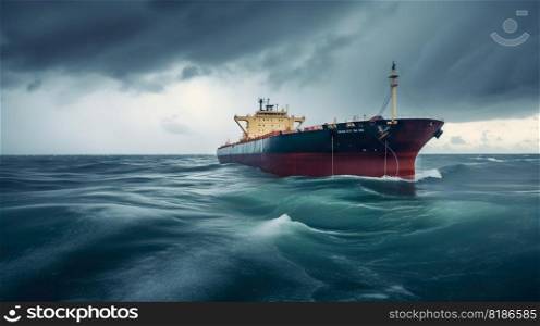 Low angle view on huge fuel tanker ship in the sea. Generative AI.. Low angle view on huge fuel tanker ship in the sea. Generative AI