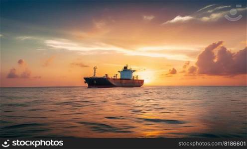 Low angle view on huge fuel tanker ship in the sea on sunset. Generative AI.. Low angle view on huge fuel tanker ship in the sea on sunset. Generative AI