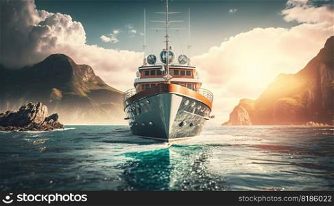 Low angle view on luxury yacht from the paradise turquoise ocean water surface. Sunny day in tropic sea. Generative AI.. Low angle view on luxury yacht from the paradise turquoise ocean water surface. Sunny day in tropic sea. Generative AI