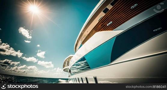 Low angle view on luxury yacht from the paradise turquoise ocean water surface. Sunny day in tropic sea. Generative AI.. Low angle view on luxury yacht from the paradise turquoise ocean water surface. Sunny day in tropic sea. Generative AI