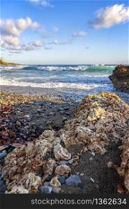 Low angle view to the shore of the Atlantic ocean with coral rocks, Cuba