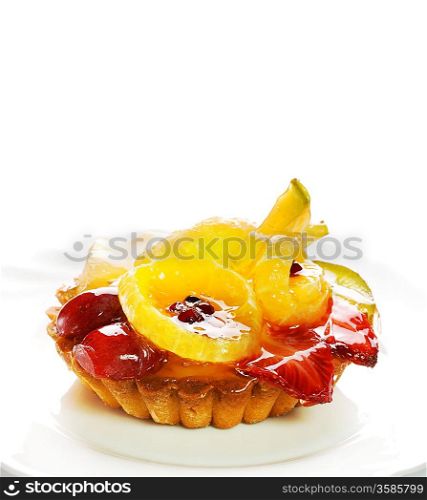 Low-calorie fruit cake isolated on white background