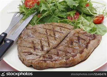 Low-carb meal of grilled rump steak with a home-grown salad mix and cherry tomatoes with knife and fork