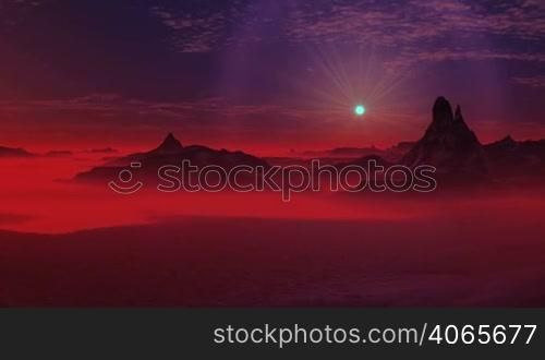 Low cliffs and hills covered with red mist. In the sky bright single star, surrounded by a halo. Rare clouds slowly float. The camera flies over the landscape.