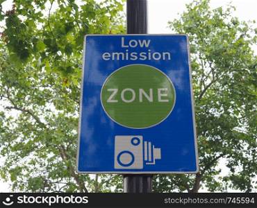 Low emission zone sign in London, UK. Low emission zone sign in London