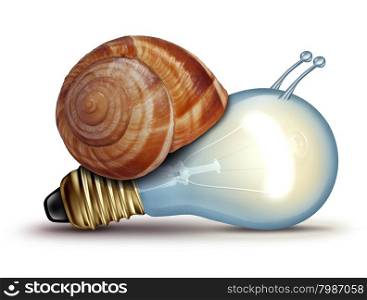 Low energy and slow creative concept as a light bulb or lightbulb with a snail shell as an innovation crisis metaphor for creativity issues facing new ideas to innovate on a white background.