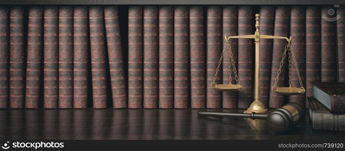 Low key filter law bookshelf with wooden judge's gavel and golden scale, 3D Rendering