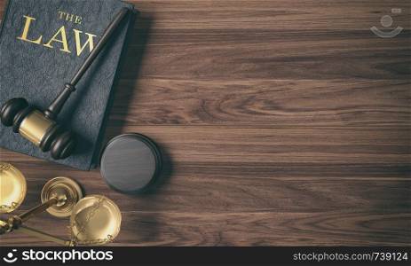 Low key filter wooden judge's gavel on law book and golden scale on wood background on top view, 3D Rendering