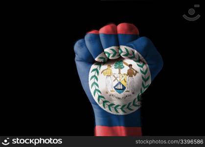 Low key picture of a fist painted in colors of belize flag