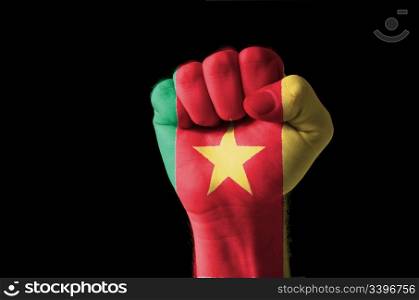 Low key picture of a fist painted in colors of cameroon flag