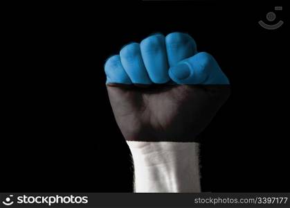 Low key picture of a fist painted in colors of estonia flag