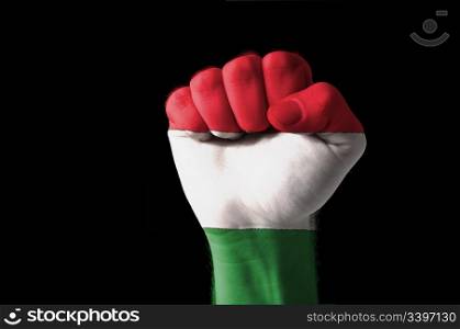 Low key picture of a fist painted in colors of hungary flag