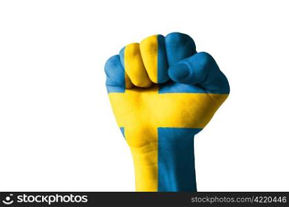Low key picture of a fist painted in colors of sweden flag