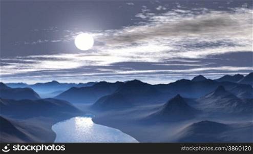 Low mountains and hills shrouded in blue mist. The lake reflected the bright sun. Slowly across the sky floating clouds. The sun moves towards the horizon and paints the sky and clouds in pink. The camera brings the sun.