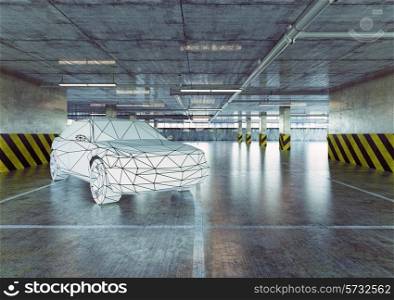 Low-poly car in the urban empty parking. 3d concept
