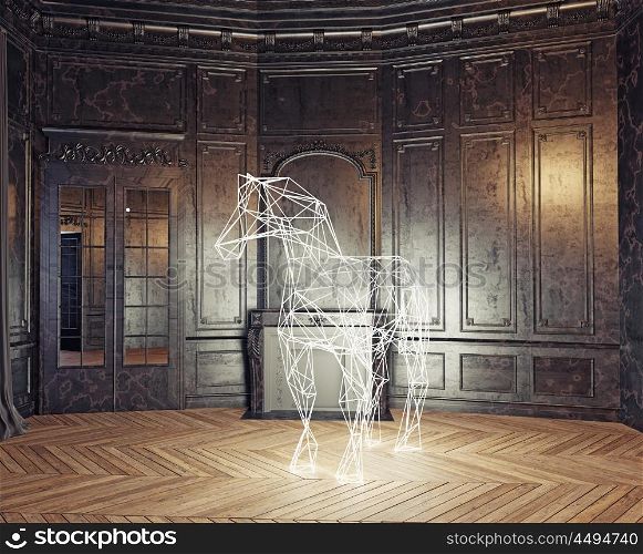 low-poly style glowing horse in the luxury interior. 3d rendering concept