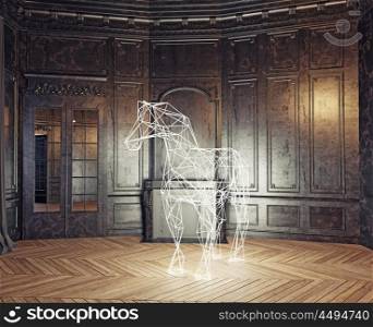 low-poly style glowing horse in the luxury interior. 3d rendering concept