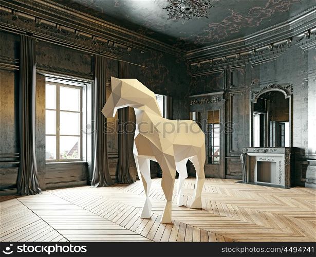 low-poly style horse in the luxury interior. 3d rendering concept