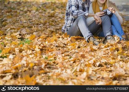 Low section of couple with camera sitting on autumn leaves in park