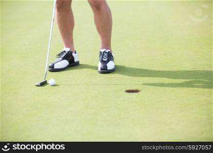 Low section of man with golf club and ball
