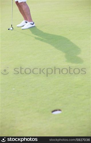 Low section of middle-aged man playing golf at course