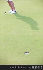Low section of middle-aged man playing golf at course