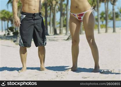 Low section view of a couple standing on the beach